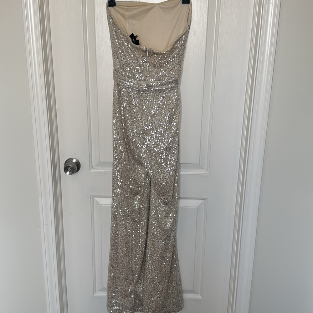 Silver Sequin Strapless Jumpsuit - image 3